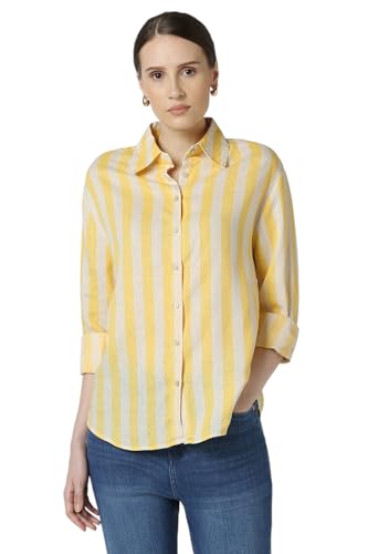 Women Yellow Stripe Long Sleeves Casual Shirt