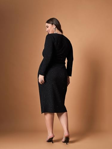 SASSAFRAS Curve Women's Glitter Karera Length Front Slit Midi Dress (SFDRSS12472_Black_3XL)