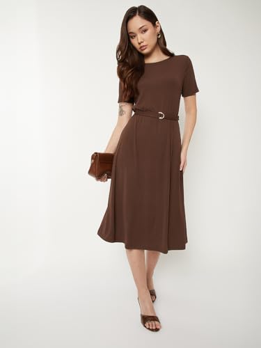 Max Women Textured A-line Belted Dress (Brown_XXL)