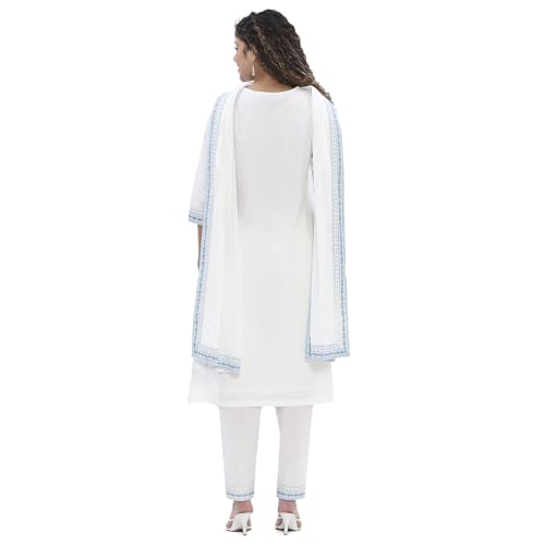 BIBA Women Off-white-Blue Cotton Straight Suit Set_38