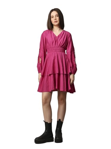 ONLY Women Self Design Casual Pink Fit and Flare Dress
