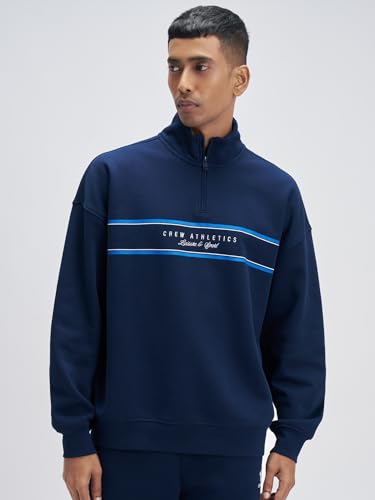 XYXX Crew Men Cotton Blend Zip up Sweatshirt| Long Sleeves with Half Zip Up| Sweatshirt for Men| Solid-Oversized |Blue Nights | XL