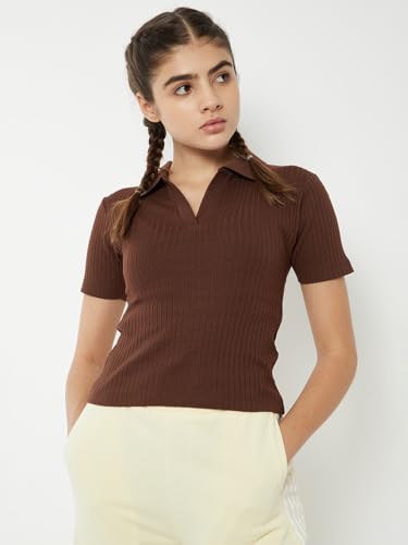 Max Women Ribbed Johnny Collar Sports T-Shirt (Brown_L)