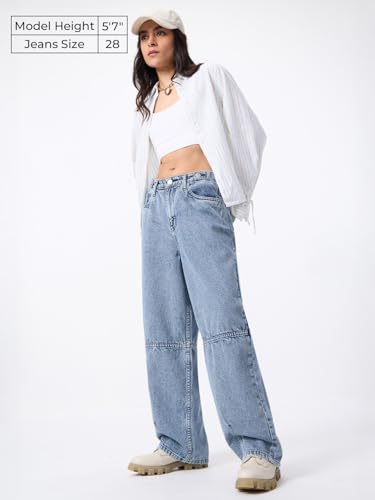 The Souled Store Barrel-Fit Denim: Trixie Women Girls Buttoned Waistband Light Blue Washed Cotton Denim Sustainable Everyday Streetwear Loose Fit Jeans