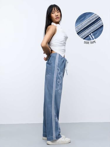 The Souled Store Pull-On Denim: Sunshine Women and Girls Drawstring Waist Blue Light Wash Cotton Straight Fit Embroidered Motif Lightweight Everyday Casual Denim Jeans