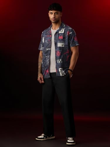 The Souled Store Stranger Things: The Other Side Men and Boys Short Sleeve Cuban Collar Dark Blue Graphic Printed ViscoseTrendy Regular Fit Casual Holiday Shirts