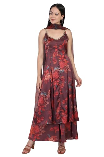 W for Woman Maroon Floral Print Sequined A-line Satin Kurta with Flared Pant and Dupatta Set (WS13212-126213-M)