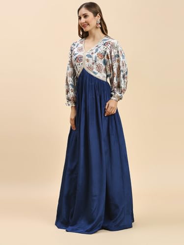 madhuram textiles Women's Chinon Gown For Women Ethnic With Digital Print And Embroidery Work Long Gown(M-2453 Mor Pichch_Small) Blue