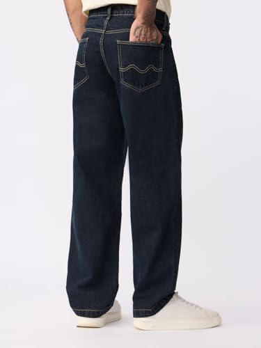 The Souled Store Baggy-Fit Denim: Orion Blue Men and Boys Buttoned Waistband Dark Blue Washed 100% Cotton Denim Baggy Fit Durable Twill Weave Lightweight Everyday All-Season Jeans