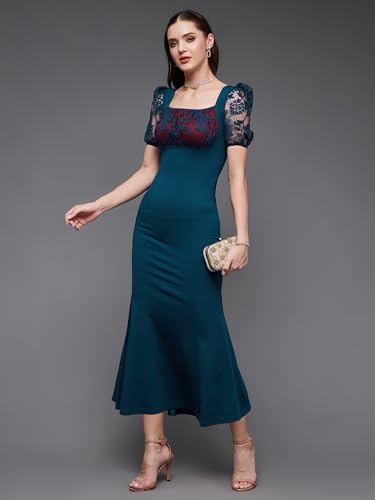 Miss Chase Women's Square Neck Short Puff Sleeve Self Design Lace Overlaid Bodycon Maxi Dress (MCAW25D87-01-UVE-04, Harbor Teal, M)
