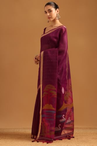 Soch Womens Wine Organza Woven Design Saree With Sequin