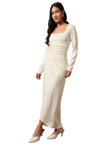 Trend Arrest.ed Women's Draped Bodycon Maxi Dress | Long Sleeve Square Neck Gown | Elegant Ruched Party Dress (Off White,XL)