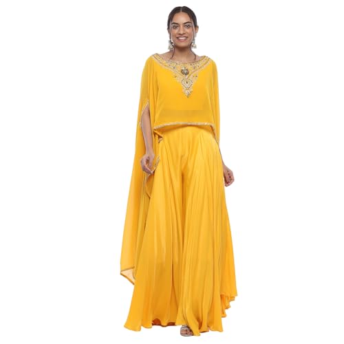 Biba Women Yellow Viscose Blend Lehenga & Blouse With Cape_36