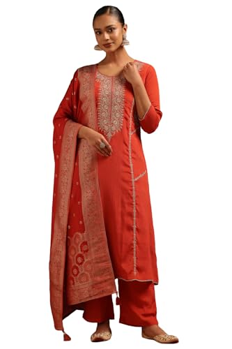 Soch Womens Rust Chinon Zari Embroidered Salwar Suit