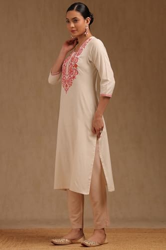 Soch Women's Pure Cotton Embroidered Regular Fit Kurta (SMUA5KU0100_Off White