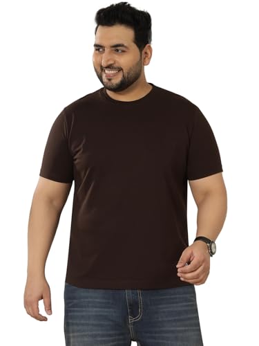 JOHN PRIDE Plus Size Men Regular Fit Solid Short Sleeves Brown Round Neck T-Shirt (JPTSR3501S_4XL_Brown)