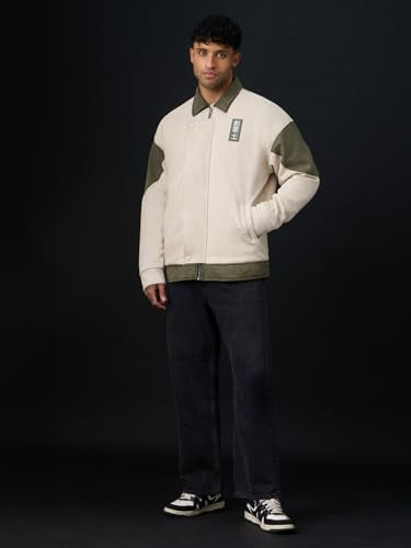The Souled Store Kanji Men and Boys Full Sleeves Spread Collar Light Beige and Olive Green Colour-Block Polyester Lightweight Everyday Winter Oversized Jacket