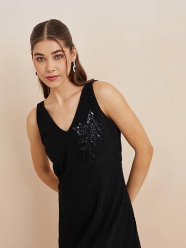 Latin Quarters Women's Black V-Neck Sleeveless Solid Party Fit & Flare Dress_XXL