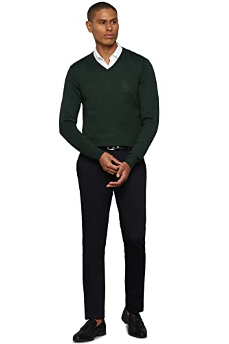 Men Green Solid V Neck Full Sleeves Sweater