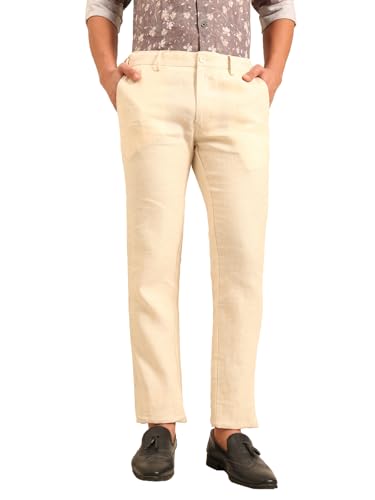Linen Club Men's Regular Fit Solid Linen Casual Trouser | Linen Trouser for Men Beige