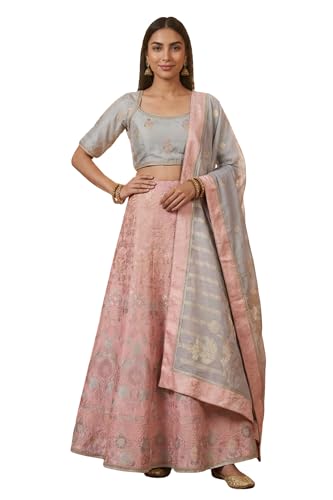 Aurelia Women's Slate Grey Zari Jacquard Crop Blouse with Lehenga Set with Dupatta - (AD10751-706126-S)