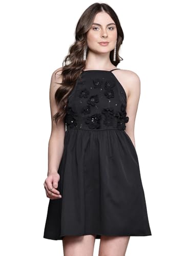 Label RITU KUMAR Black Rosetta Crew Neck Short Dress