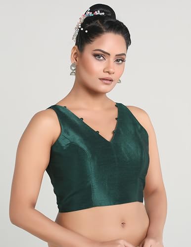 Madhu Fashion Women's Sleeveless Solid Pattern V Neck Readymade Saree Blouse (Bottle Green, 32)