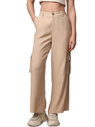 ONLY Women Solid Wide Leg Casual Beige Pants
