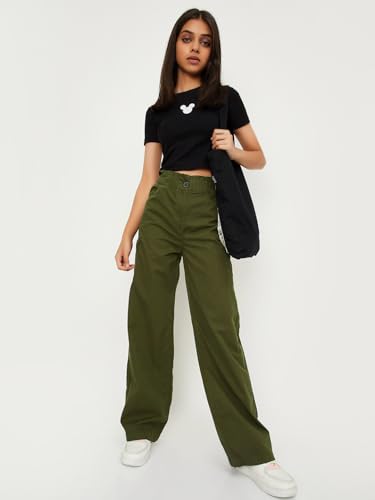 max Girls Solid Full-Length Regular Fit Flared Trousers,Olive Green,13-14Y