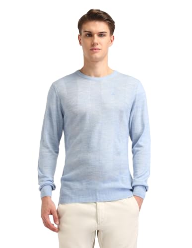 Arrow Mens Blue Self-Design Crew Neck Long SleeveCasual CottonRegular Fit Sweater (ARAISW4030_Blue_S)