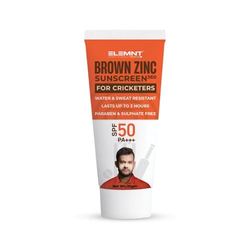 Elemnt Brown Zinc Sunscreen for Cricketers | SPF 50 Zinc Suncream, Broad Spectrum PA+++ with Aloe Vera | Formulated For Heavy Sun Exposure | Water Resistant Sunscreen for Cricketers & Sports | Men & Women - 25gm