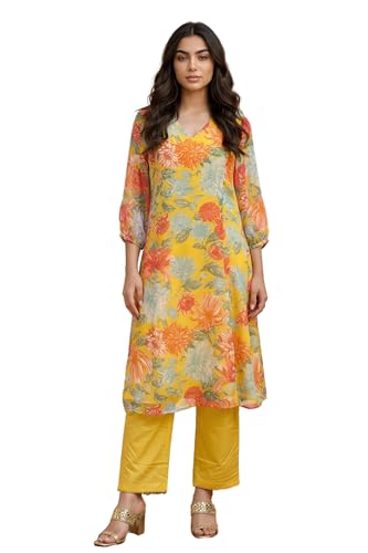 W for Woman Yellow Floral Printed Chiffon Straight Kurta with Pants and Dupatta Set - (WS13922-126973-XS)