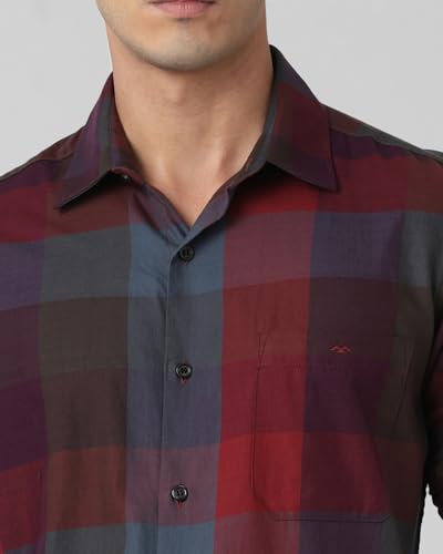 MUFTI Men Shirt | Slim Fit Spread Collar Plaid Tartan Design | 100% Cotton Twill Fabric with Chest Pocket & Curved Hem | Smart Casual Deep Burgundy Red 6XL