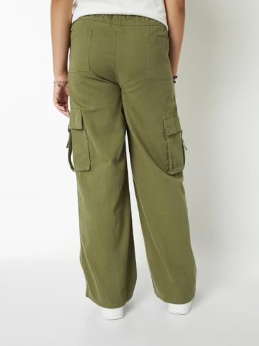 Max Girls Solid Wide Leg Cargo Trousers (Green_8-9 Y)