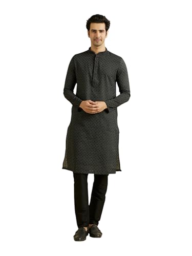 Manyavar Men's Viscose Blend Self Design Kurta Pyjama Set (Black,XXL)