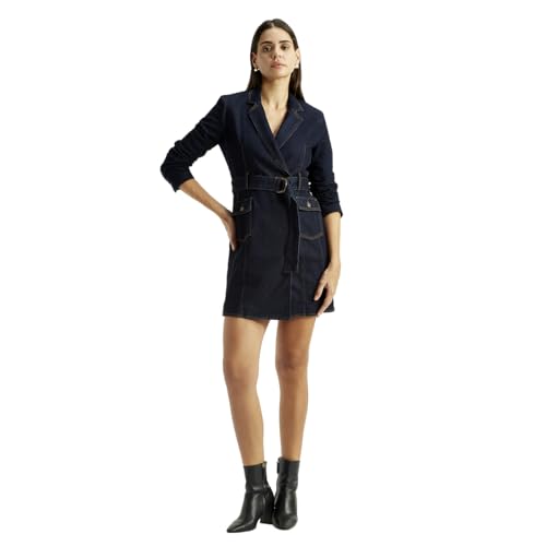 Women's Solid Dark-Blue Notched Lapel Dress
