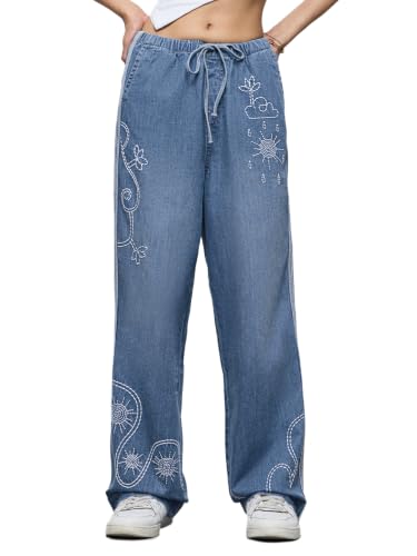 The Souled Store Pull-On Denim: Sunshine Women and Girls Drawstring Waist Blue Light Wash Cotton Straight Fit Embroidered Motif Lightweight Everyday Casual Denim Jeans