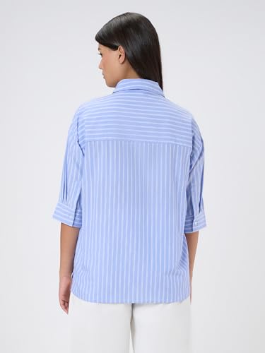 Pepe Jeans Blue Striped Women Three-Quarter Sleeves Shirt