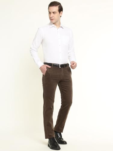 Hancock Men Cotton Solid Slim Fit Trousers Brown Size 32, Durable Fabric with a Tailored Finish, Comfortable Stretch Waistband, Machine Washable Easy Care Fabric