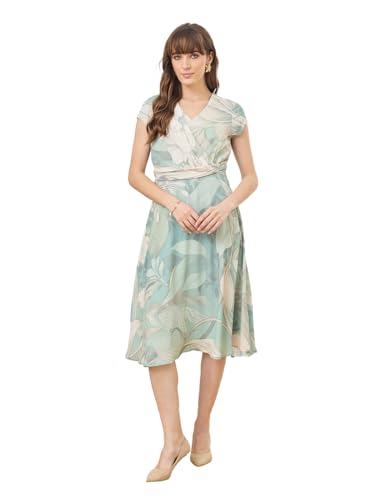 Latin Quarters Women's Green Cap Sleeves V-Neck Casual Printed Dress_XL