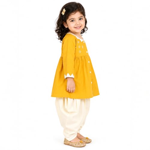 LITTLE GINNIE Kurta Set for Kids Girls 0-3 Months, Cotton, Ethnic Wear For Baby Girl - Mustard
