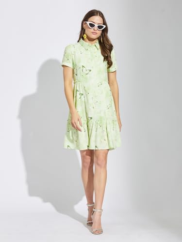 Latin Quarters Women Green Collar Neck Half Sleeves Printed Above Knee Shirt Dress for Casual Wear_M
