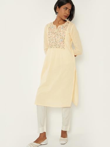 Max Women Embroidered Straight Kurta(Yellow_S)