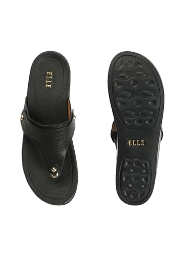 ELLE Women's Fashionable Thong Comfartable Sandals,Black,UK-7