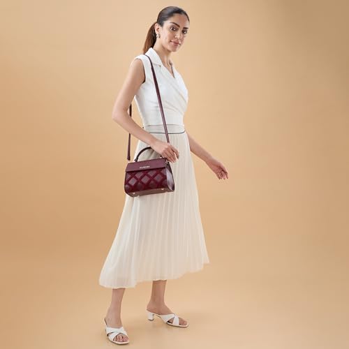 Caprese Athena Small Chenille Embroidery Faux Leather Satchel for Women | Elegant Multi-Compartment Shoulder Handbag with Adjustable & Detachable Strap | Premium Magnetic Button Closure (Cherry)
