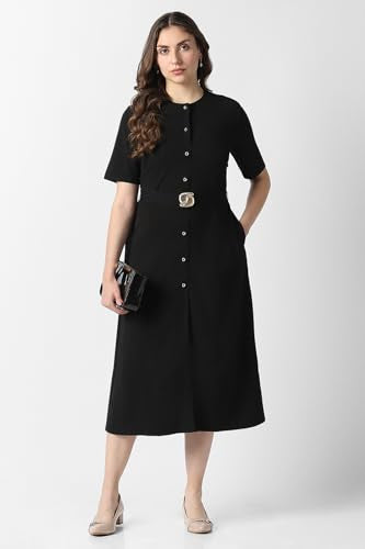 Women Black Solid Calf-Length Party Dress
