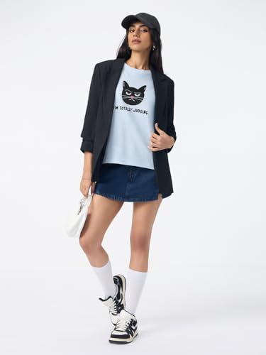 The Souled Store Totally Judging: Women and Girls Short Sleeves Round Neck Light Blue Graphic Printed Cotton Relaxed Fit Breathable Everyday Streetwear T-Shirt