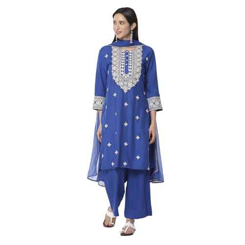 Biba Women Blue Embroidered Straight Suit Set_44