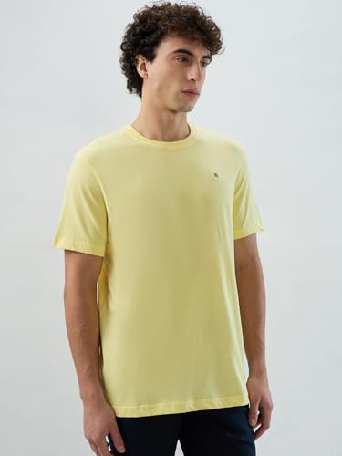 Raymond Men Regular Fit Solid Pattern Pure Cotton Crew Neck Half Sleeve Casual T-Shirt Yellow