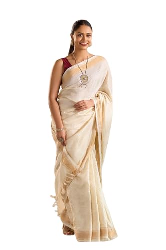 Taneira Women Off White Tussar Block Print Saree with Unstitched Blouse Piece (SHG08D00090-Off White)